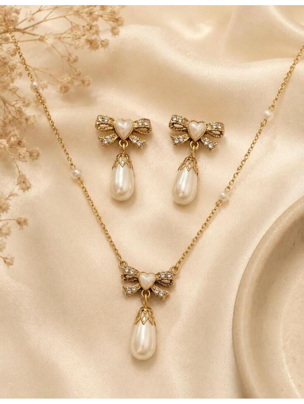 Vintage 1928 Faux Pearl Rhinestone Bow Necklace Earrings Set Gold Tone